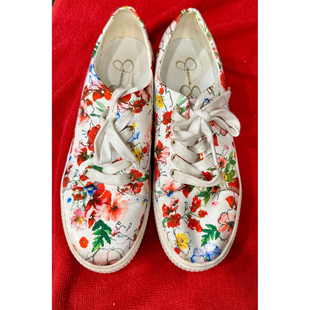 Jessica Simpson Luda Platform Sneakers 8M White Floral Print Lace Up Cottagecore